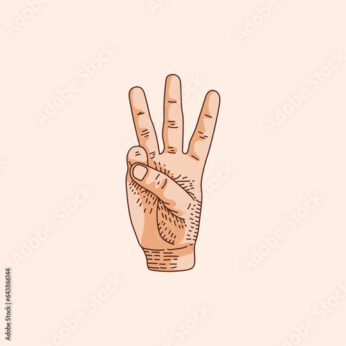 3 or Three number logo in a deaf-mute hand gesture number. Hand drawn vector illustration isolated on brown background.