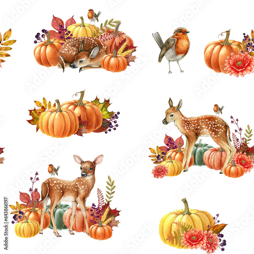 Autumn seamless pattern with floral elements, pumpkins, fawn and birds. Watercolor illustration. Autumn decor in bright warm colors. Natural elements, fall time flowers and leaves seamless pattern