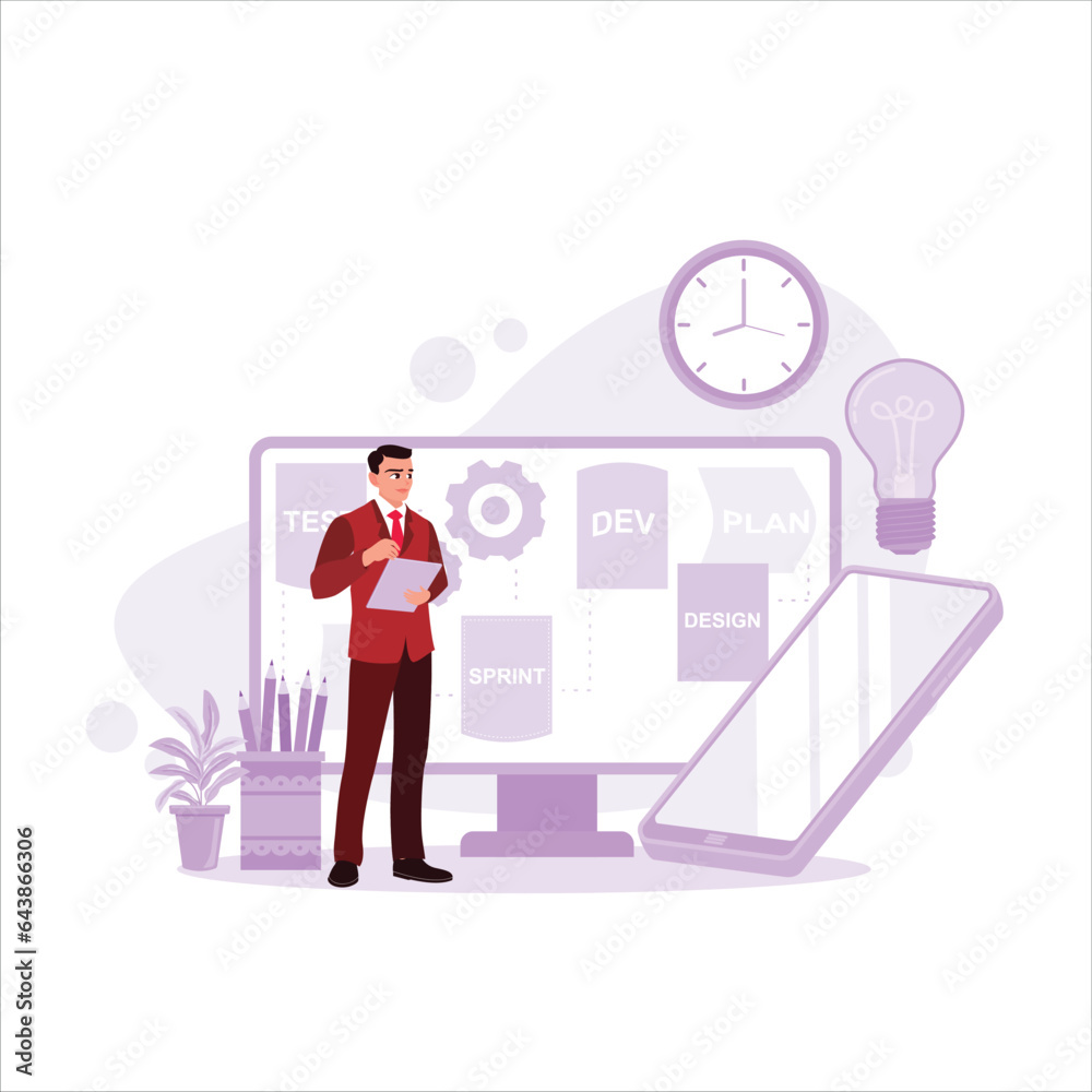 The device development life cycle is stuck on board with a sticky note. Plan, design, develop, test.Trend Modern vector flat illustration