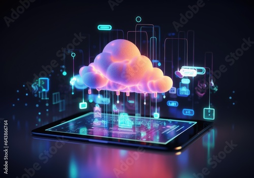 neon light showing cloud computing on tablet computer. neon light showing cloud computing on tablet computer. AI Generative.