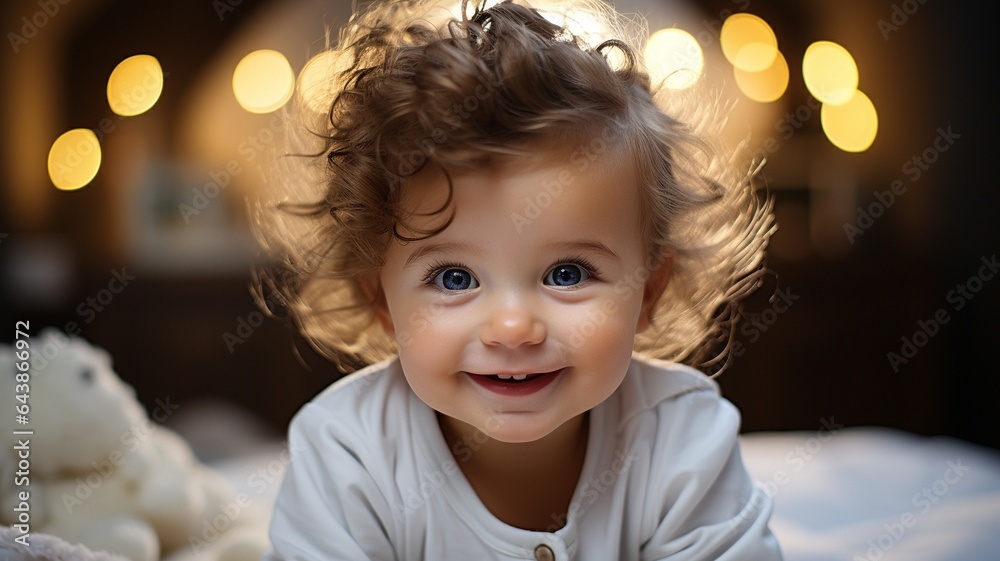 Portrait of a cute crawling infant with a big smile.. - obrazy, fototapety, plakaty 