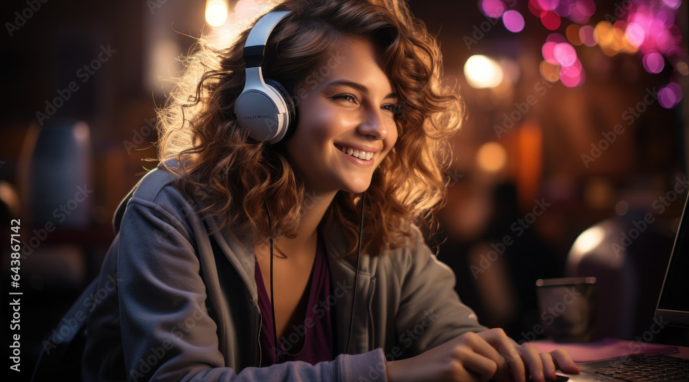 a woman working at her laptop with headphones in front of a purple background, bokeh, beautiful a woman working at her laptop with headphones in front of a purple background, bokeh, beautiful