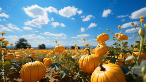 A peaceful pumpkin patch with natural light and a blue sky.