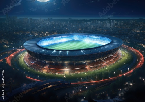 Football stadium at night  soccer stadium with ongoing game at night.  Drone view. AI Generative.