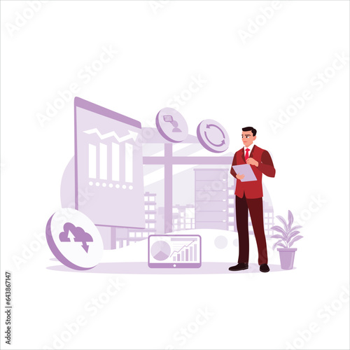 A boss with a digital tablet controls instant data while walking around the office. Trend Modern vector flat illustration