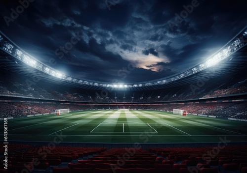 Football stadium at night  soccer stadium with ongoing game at night.  Drone view. AI Generative.
