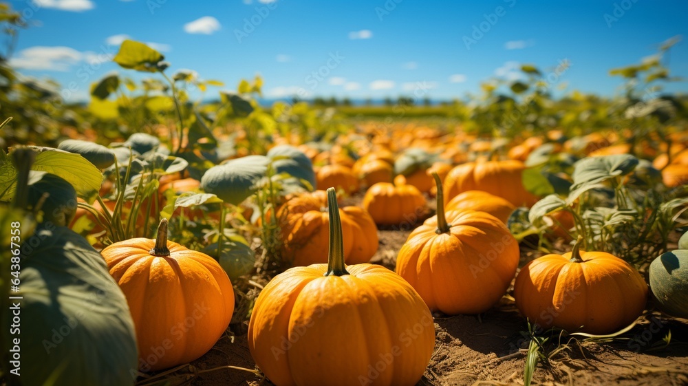 A peaceful pumpkin patch with natural light and a blue sky.