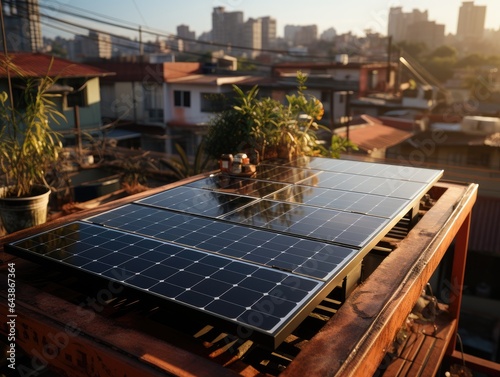 Modern solar panel on th roof with plants at morning, Solar panel on red roof reflecting sun and cloudless blue sky. Ai generative.