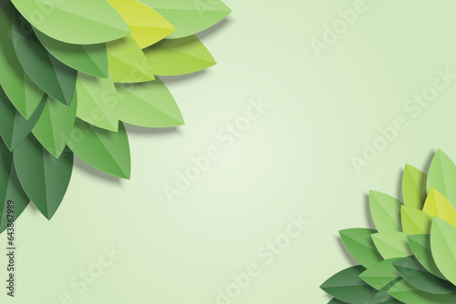 Green leaves frame on green background. Trendy origami paper cut style vector illustration.