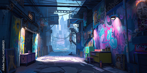 Anime cyberpunk futuristic style city dark alleyway background cartoon cityscape, generated ai