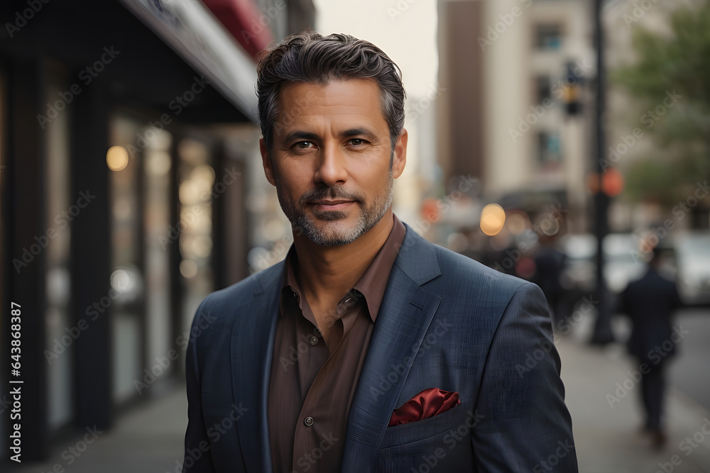 Obraz premium Entrepreneur businessman standing on the sidewalk. 40 year old business man. Very handsome businessman. Smirking. Image created using artificial intelligence.