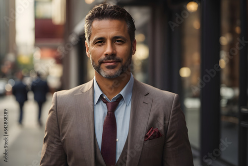 Entrepreneur businessman standing on the sidewalk. 40 year old business man. Very handsome businessman. Smirking. Image created using artificial intelligence.