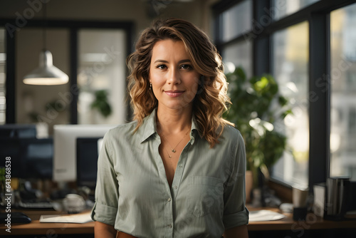 Casual portrait of a designer in her office standing by her desk, daylight coming through the window. Image created using artificial intelligence.