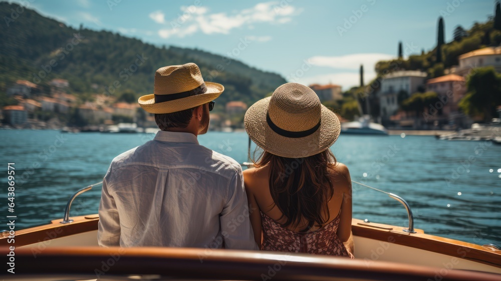 Rear view of young couple in hats traveling on a yacht, Generative AI