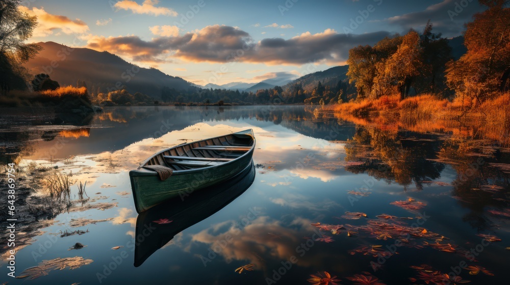 Beautiful autumn landscape with a boat on the shore of the lake, Generative AI
