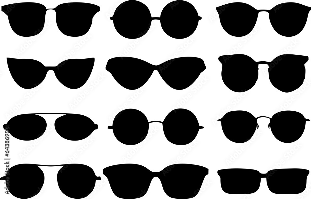 Sun Glasses silhouettes. Isolated elegant eye wear set. Metal plastic spectacles shapes. High resolution HD illustration on white background. - obrazy, fototapety, plakaty 