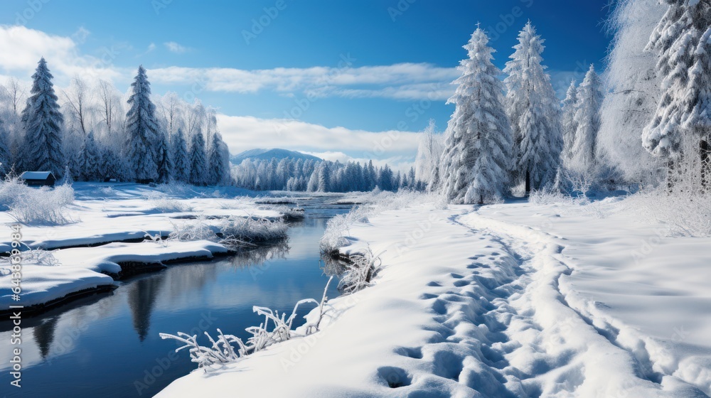 Mountain river in the winter forest at sunset. Beautiful landscape, Generative AI