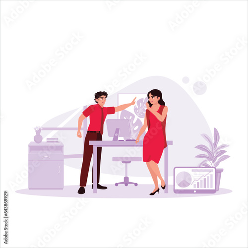 Two happy business people celebrate success in the office; they give a high five for good cooperation and office work concept. Trend Modern vector flat illustration