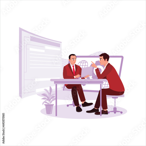 Software developers concept. Two male programmers are discussing in the office of a software development company. Trend Modern vector flat illustration