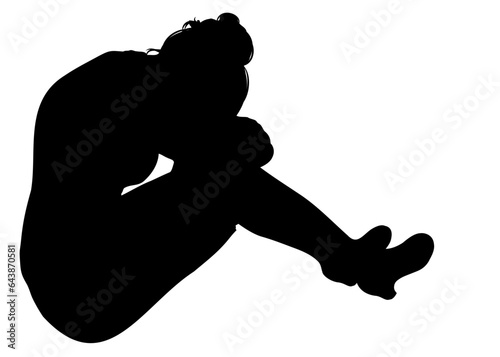 座って膝を抱えて悩む女性のシルエット 全身後ろ向き 座位のイラスト