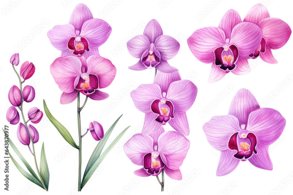 Watercolor image of a set of orchid flowers on a white background