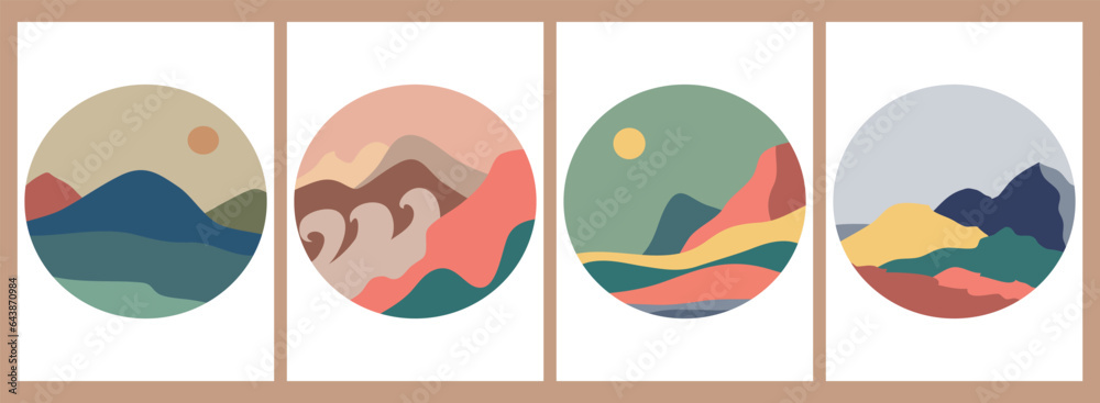 Set of Round Mountains logo. Round logo for stickers, poster logos, card. Minimalist style landscape illustrations of Mid century modern art with river, hills, wave