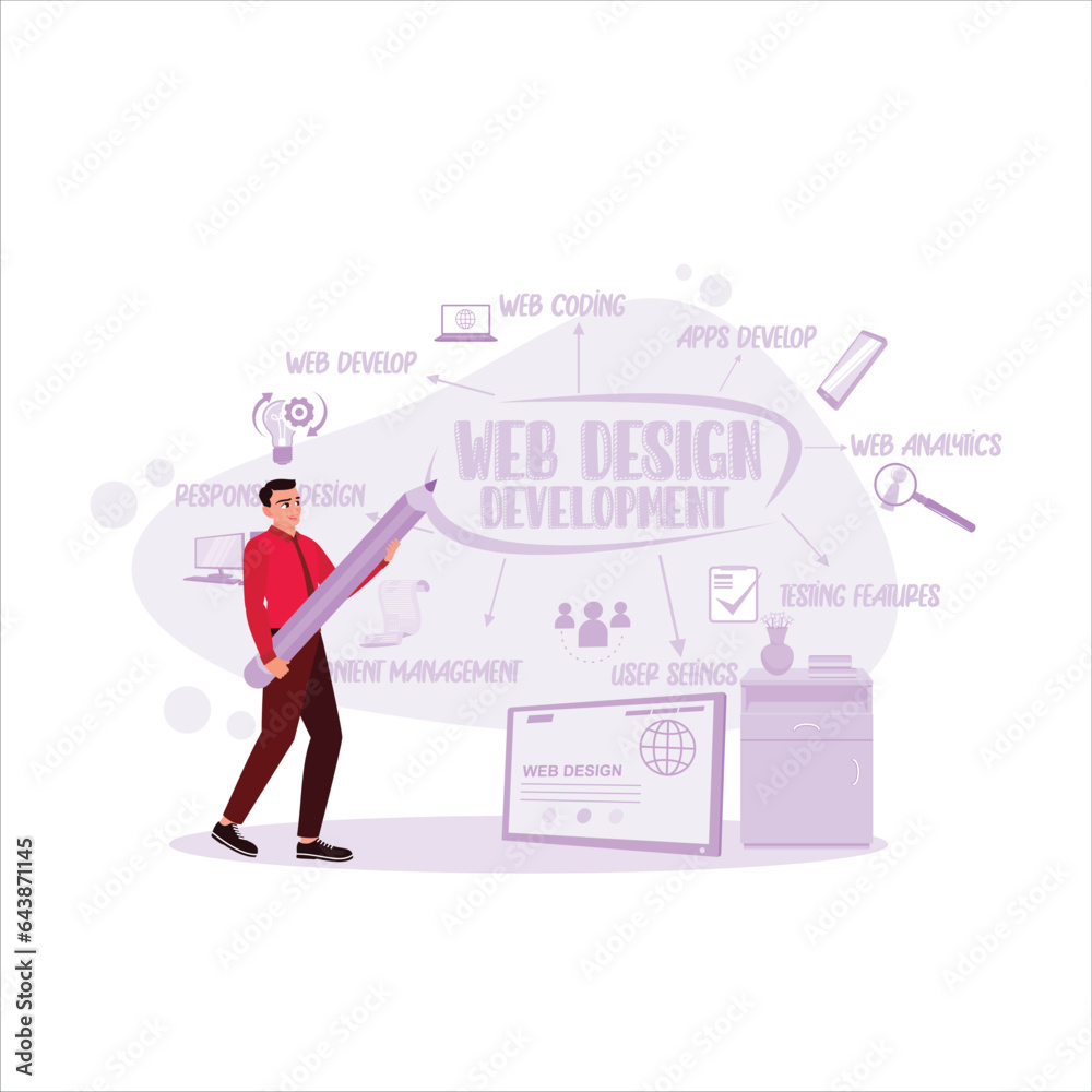 An entrepreneur creates a website development scheme using a gadget with icons on the screen. Web design concept. Trend Modern vector flat illustration An entrepreneur creates a website development scheme using a gadget with icons on the screen. Web design concept. Trend Modern vector flat illustration