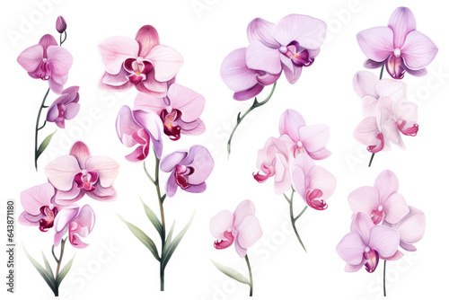 Watercolor image of a set of orchid flowers on a white background