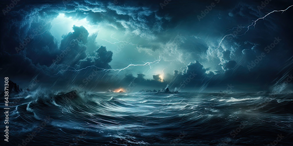 Epic huge storm lightning thunder ocean waves bad weather background, generated ai