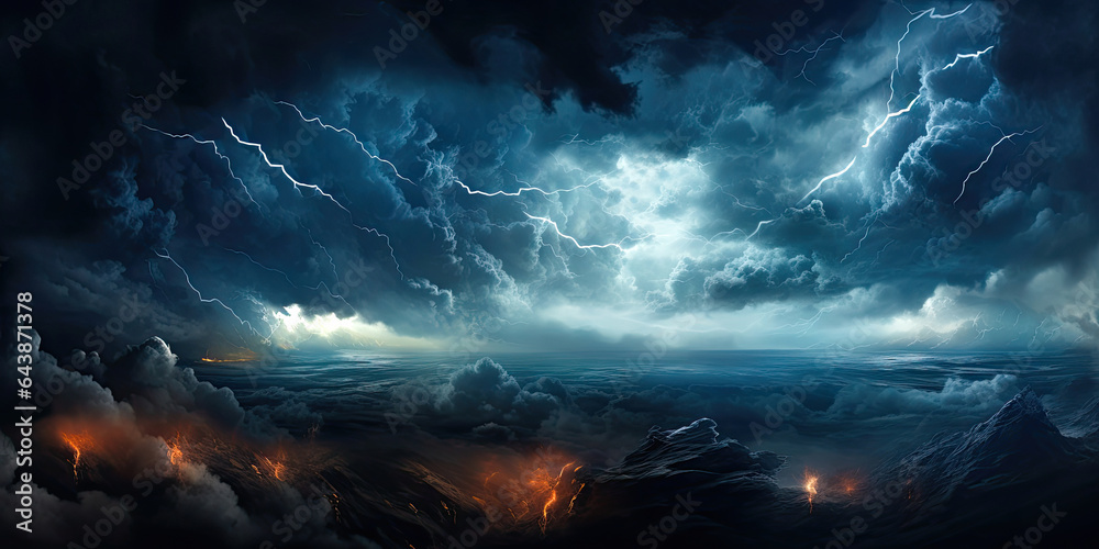 Epic huge storm lightning thunder ocean waves bad weather background, generated ai - obrazy, fototapety, plakaty 