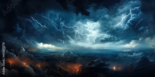 Epic huge storm lightning thunder ocean waves bad weather background, generated ai photo