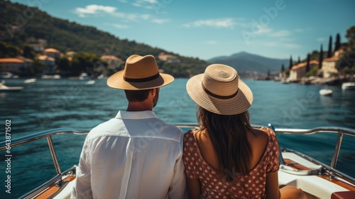 Rear view of young couple in hats traveling on a yacht., Generative AI