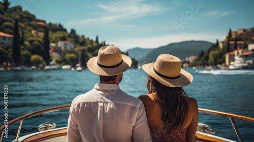 Rear view of young couple in hats traveling on a yacht., Generative AI © tanatat