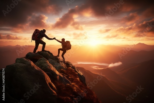 Couple of hikers with backpacks standing on top of a mountain and looking at the sunset, Generative AI