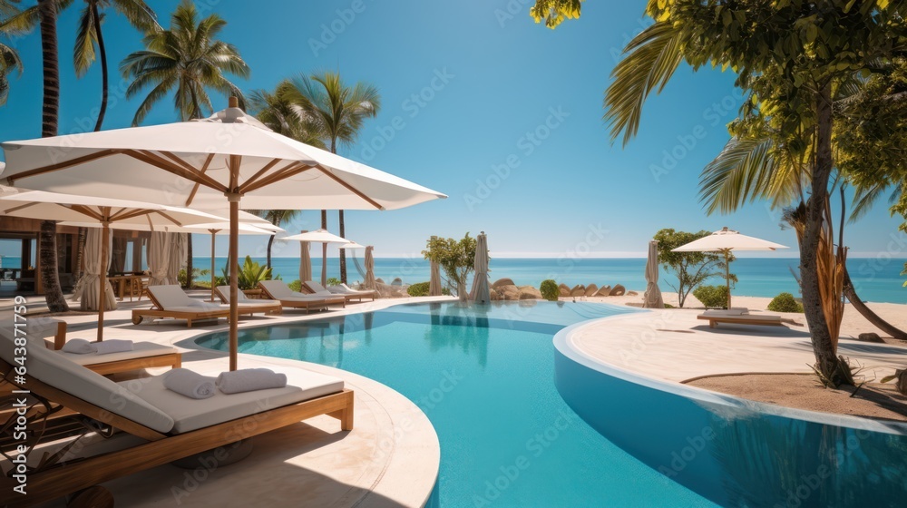 Luxury swimming pool in luxury hotel resort with palm trees and blue sky, Generative AI