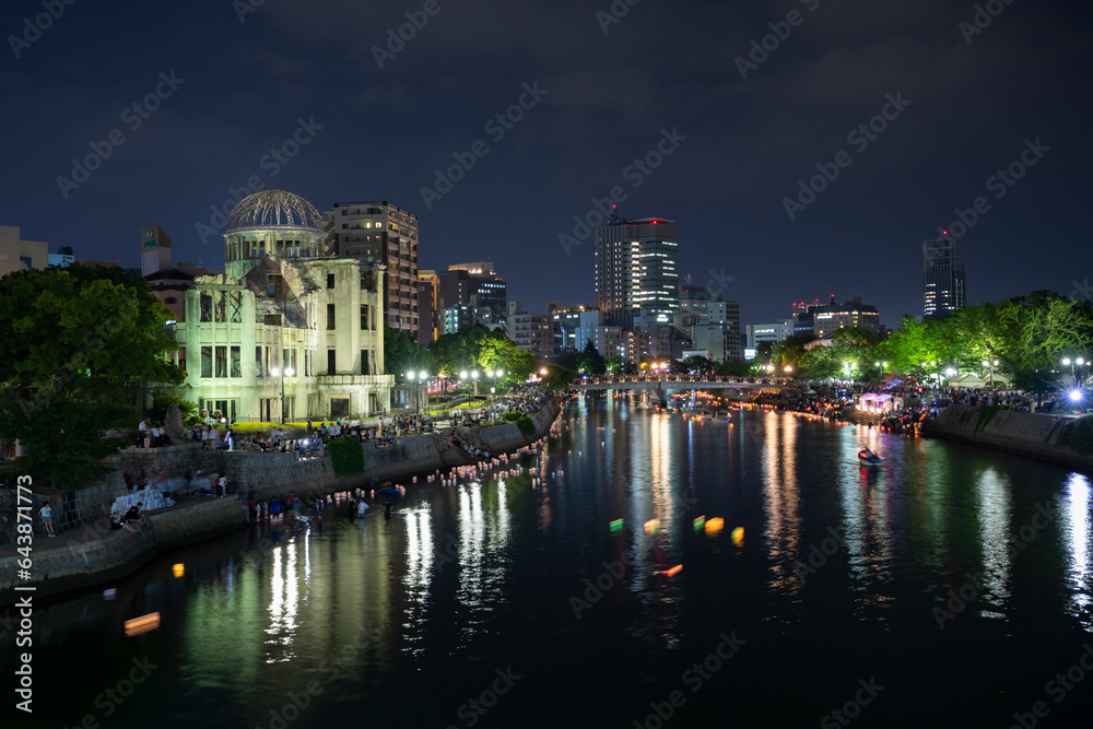 the atomic dome and floating lanterns, Japan,Hiroshima Prefecture,Hiroshima,Central District the atomic dome and floating lanterns, Japan,Hiroshima Prefecture,Hiroshima,Central District