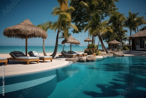 Luxury swimming pool in luxury hotel resort with palm trees and blue sky, Generative AI © tanatat
