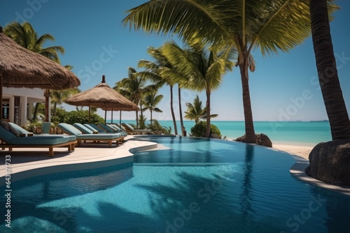 Luxury swimming pool in luxury hotel resort with palm trees and blue sky  Generative AI