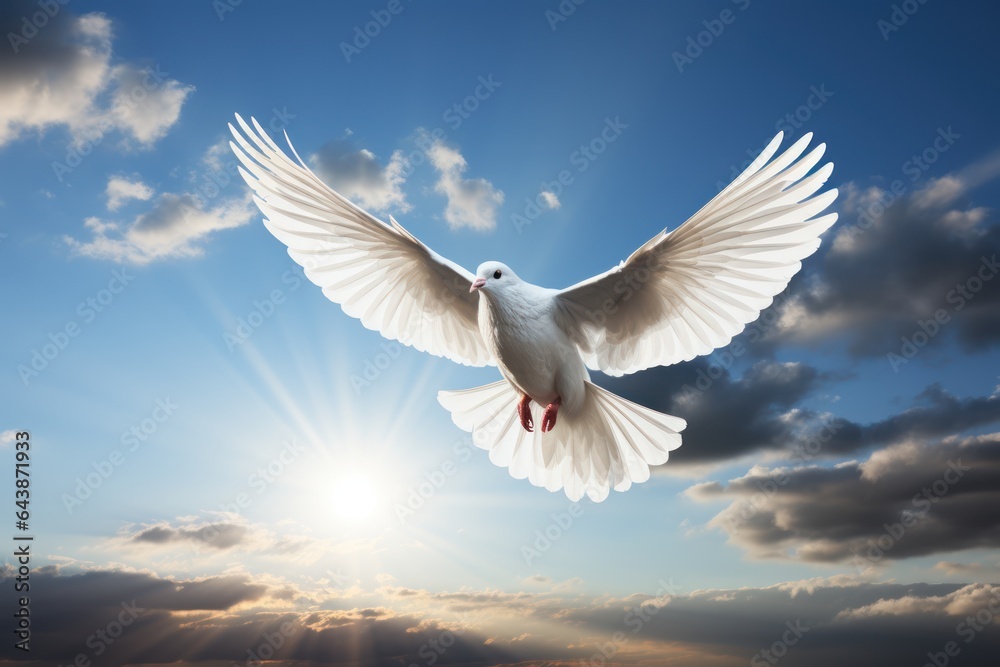 Fototapeta premium Flying white dove in the blue sky with sun. Freedom and peace concept, Generative AI