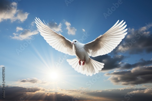 Flying white dove in the blue sky with sun. Freedom and peace concept  Generative AI