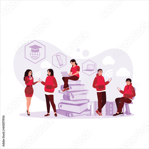 College students use cell phones and laptops on campus. Internet Addiction concept. Trend Modern vector flat illustration