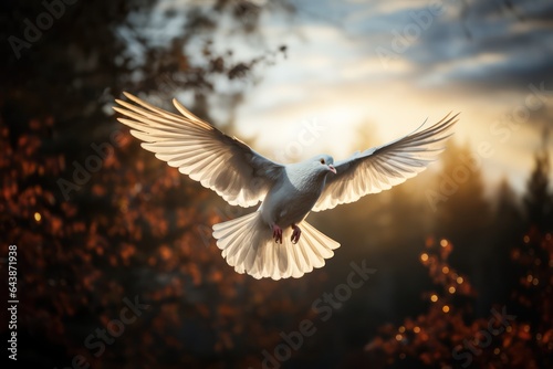 Flying white dove in the blue sky with sun. Freedom and peace concept  Generative AI