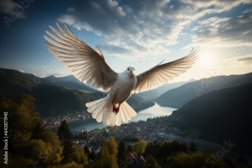 Flying white dove in the blue sky with sun. Freedom and peace concept  Generative AI