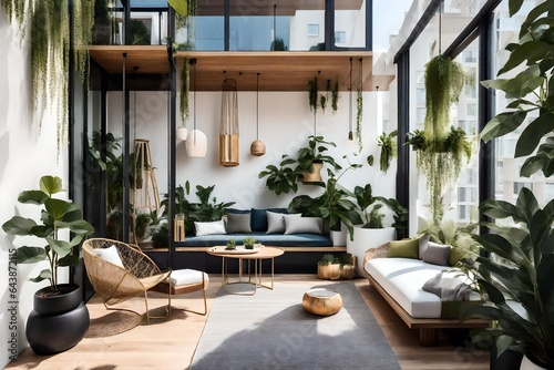 modern living room  Modern balcony sitting area decorated with green plant and white wall. superlative generative AI image.