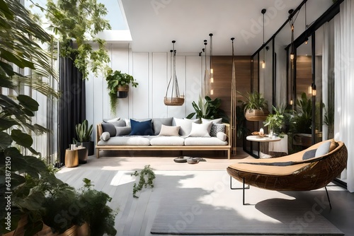modern living room ,Modern balcony sitting area decorated with green plant and white wall. superlative generative AI image.