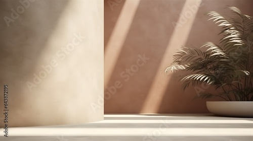 Unobtrusive botanical background with shadow on the wall - trend frame, cover, card, postcard. Exhibition Podium, stand, showcase on pastel light background for premium product, AI Generated © Lucky Ai