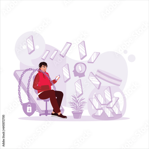 A man who always uses a cell phone daily with a cell phone tied to a chain as a background. Internet Addiction concept. Trend Modern vector flat illustration