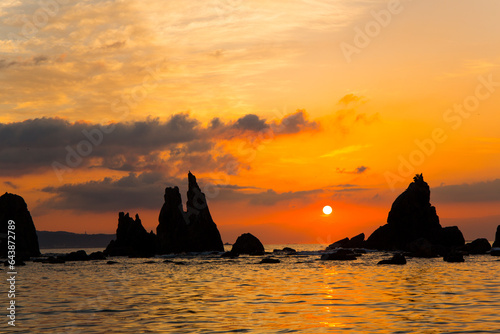 Sunrise and Hashigake Iwa, Japan,Wakayama Prefecture,Higashimuro District, Wakayama,Kushimoto town photo