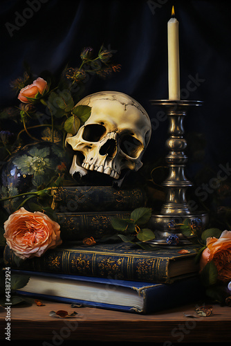 Skull and static nature artwork painting. A skull on a table near a vase with flowers, a clock and a burning candle. 