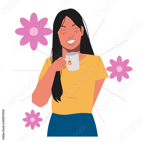 woman drinking tea menstruation cramps in flat illustration